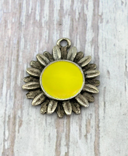 Lemon-Yellow Flower Charm, Antiqued Pewter - PT648