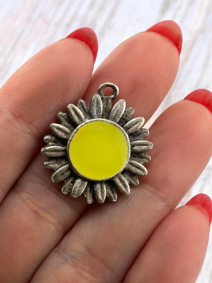 Lemon-Yellow Flower Charm, Antiqued Pewter - PT648