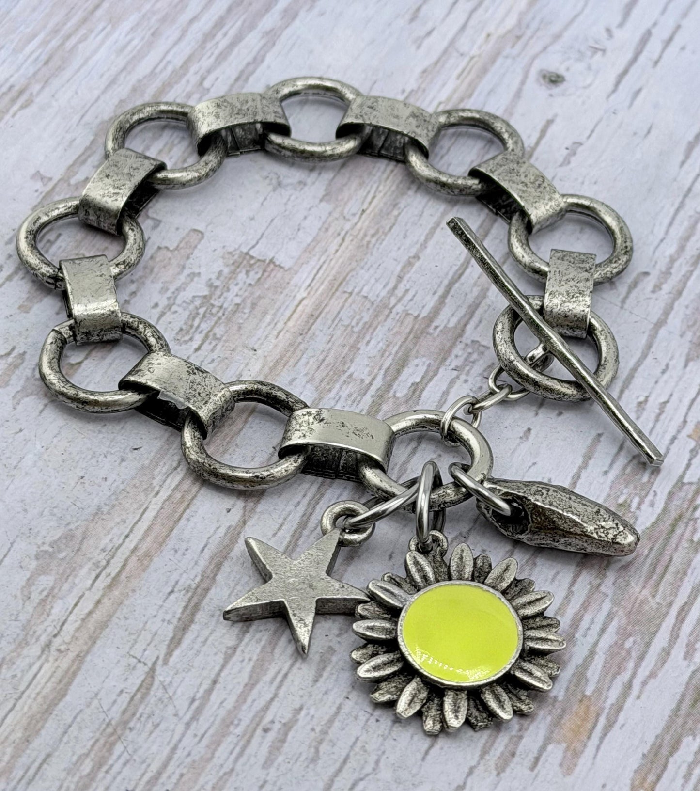 Lemon-Yellow Flower Charm, Antiqued Pewter - PT648