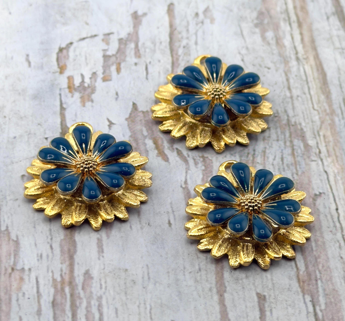 Prussian Blue 3D Enamel Flower Charm, Satin 18k Gold Plated - ST581