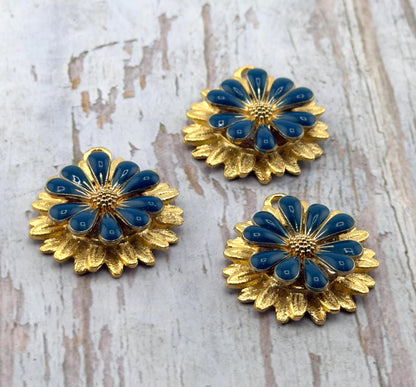 Prussian Blue 3D Enamel Flower Charm, Satin 18k Gold Plated - ST581