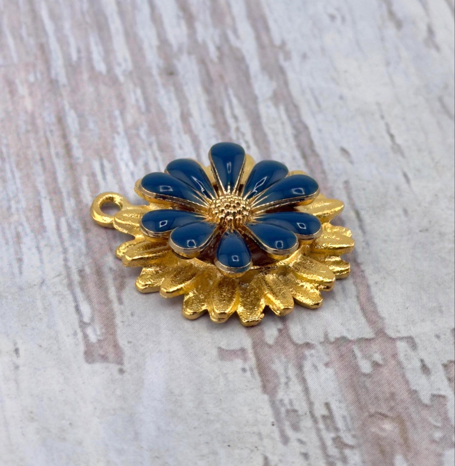 Prussian Blue 3D Enamel Flower Charm, Satin 18k Gold Plated - ST581