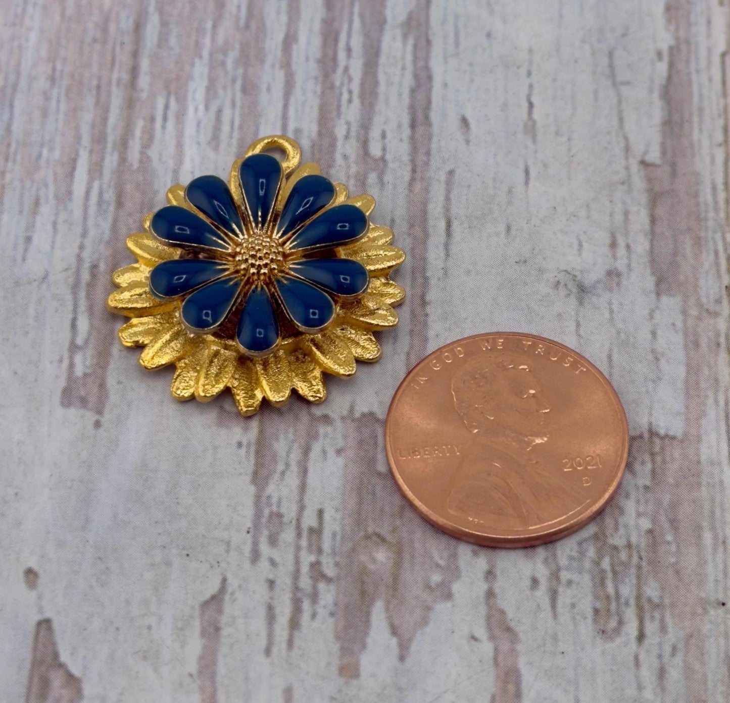 Prussian Blue 3D Enamel Flower Charm, Satin 18k Gold Plated - ST581