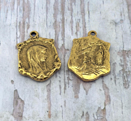 Double-sided Marian Apparition Our Lady of Lourdes Medal, Antiqued 18k Gold Plated - AG003