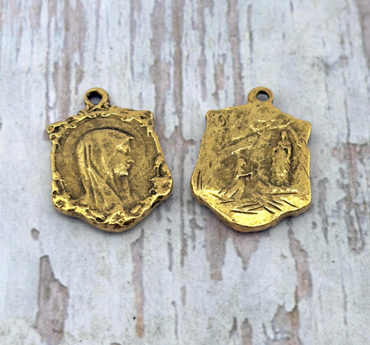 Double-sided Marian Apparition Our Lady of Lourdes Medal, Antiqued 18k Gold Plated - AG003