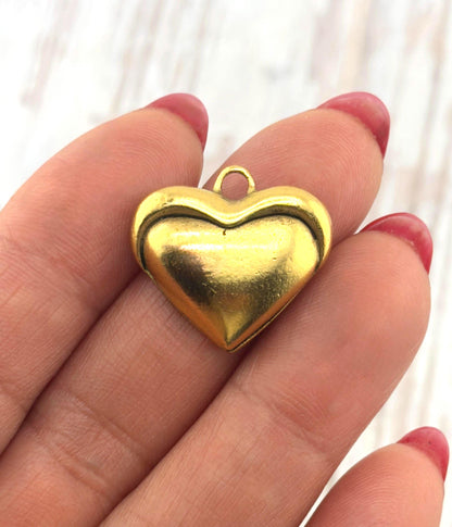 Half-Puffy Heart Charm, Antiqued 18k Gold Plated - AG640