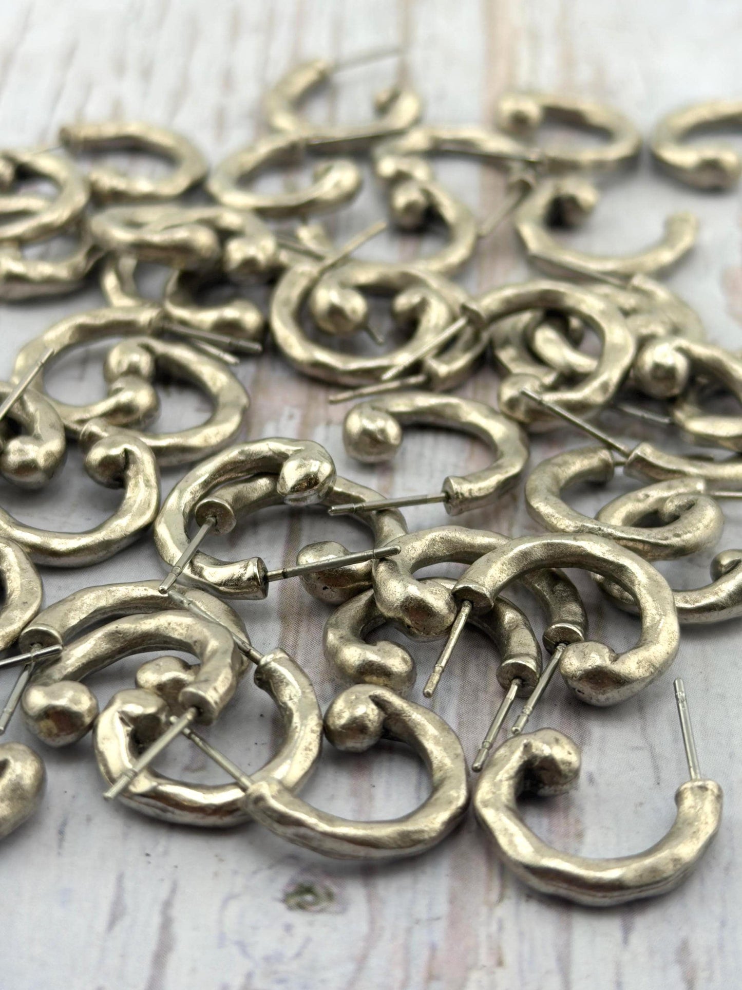 Mini Hammered Half Hoop Earrings, Antiqued Pewter and Stainless Steel - PT594