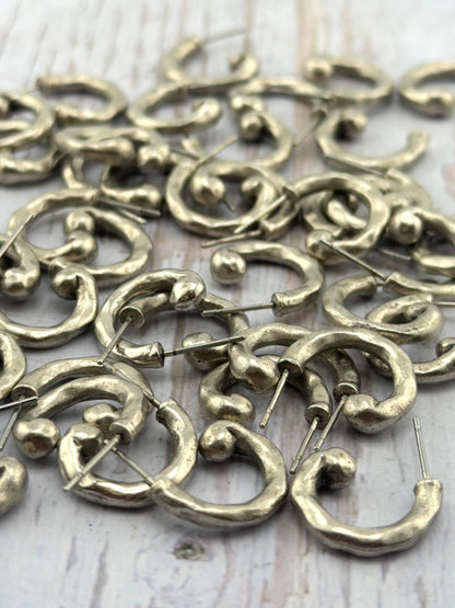 Mini Hammered Half Hoop Earrings, Antiqued Pewter and Stainless Steel - PT594