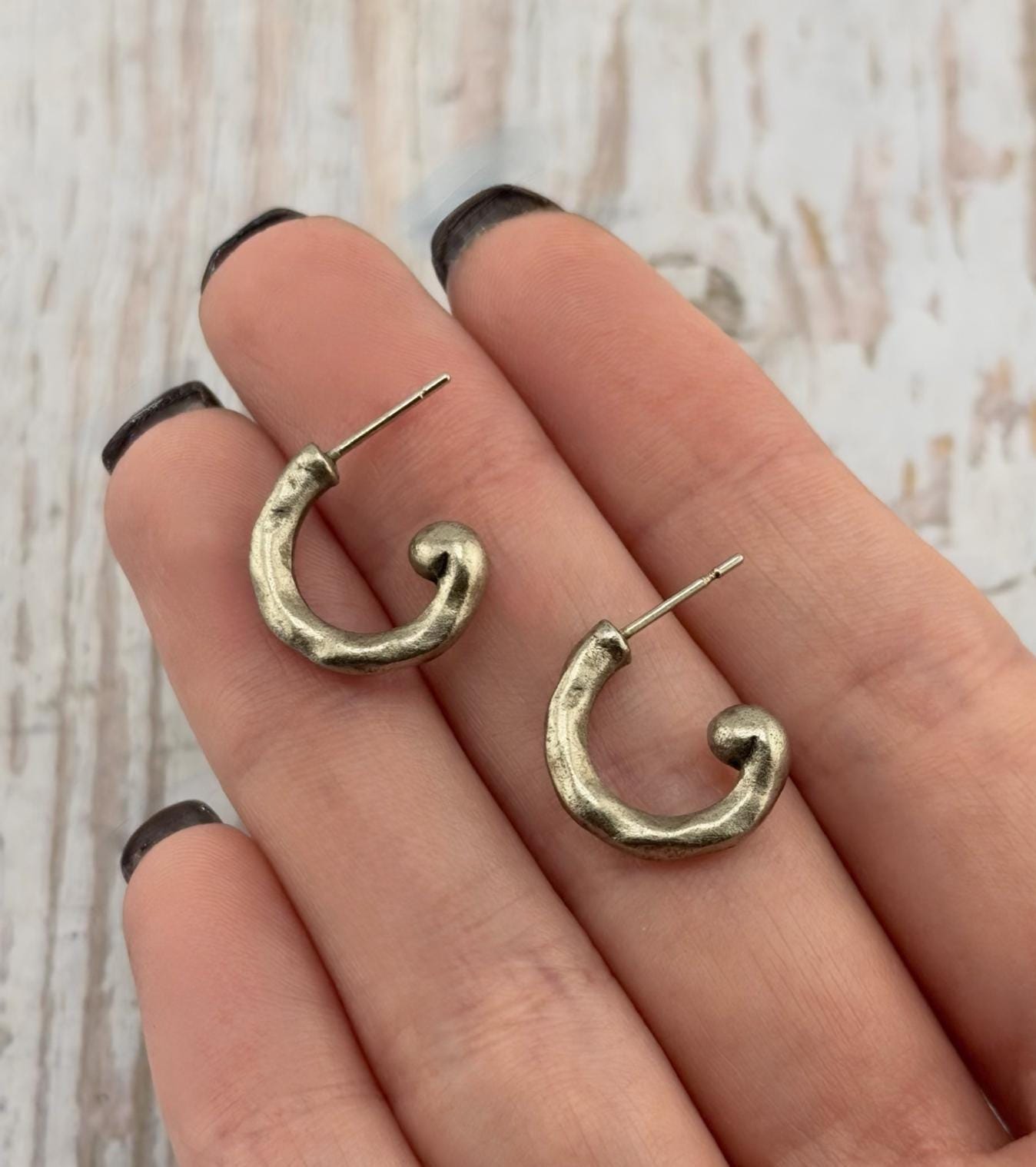 Mini Hammered Half Hoop Earrings, Antiqued Pewter and Stainless Steel - PT594