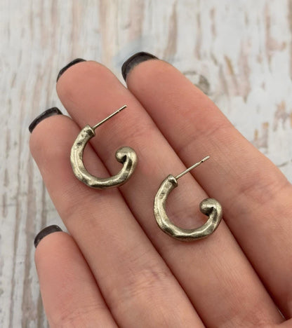 Mini Hammered Half Hoop Earrings, Antiqued Pewter and Stainless Steel - PT594