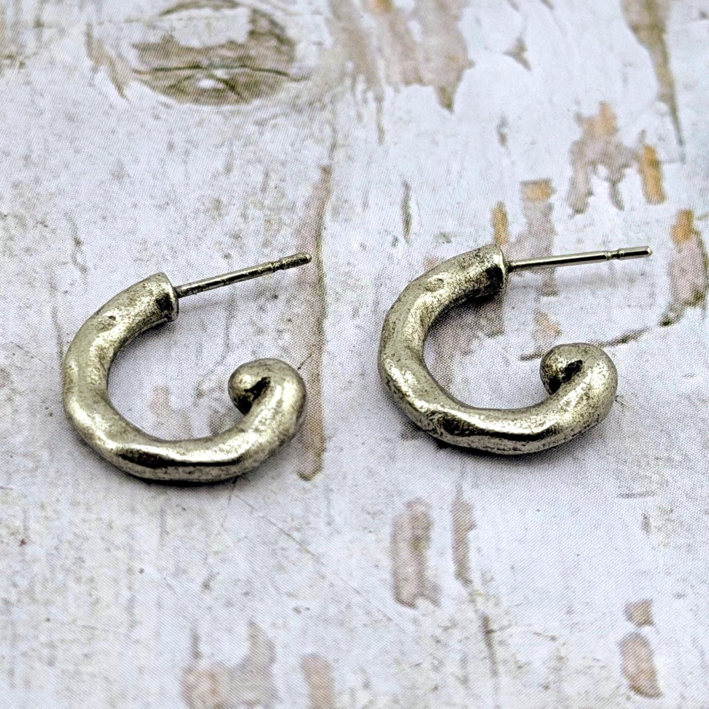 Mini Hammered Half Hoop Earrings, Antiqued Pewter and Stainless Steel - PT594