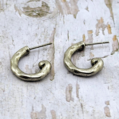 Mini Hammered Half Hoop Earrings, Antiqued Pewter and Stainless Steel - PT594