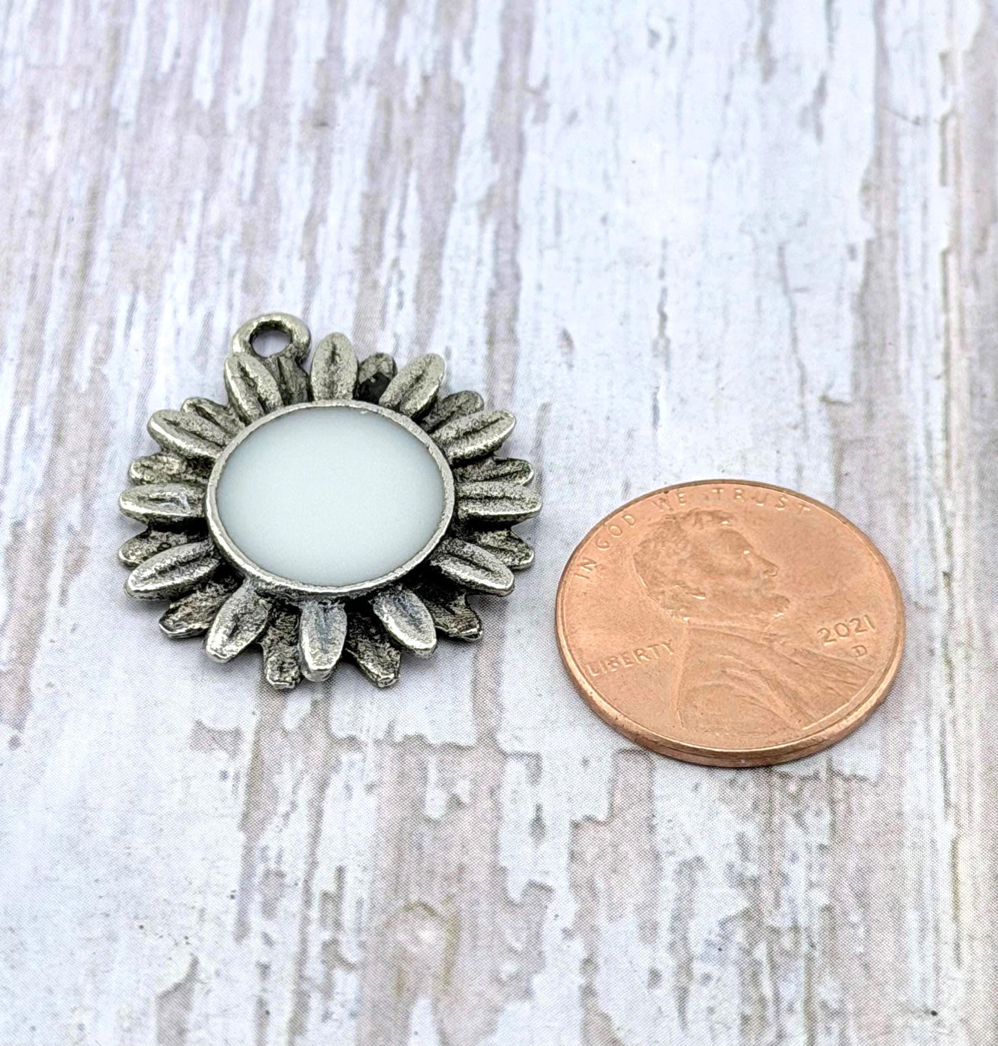 Large White Artisan Flower Charm, Antiqued Pewter - PT649