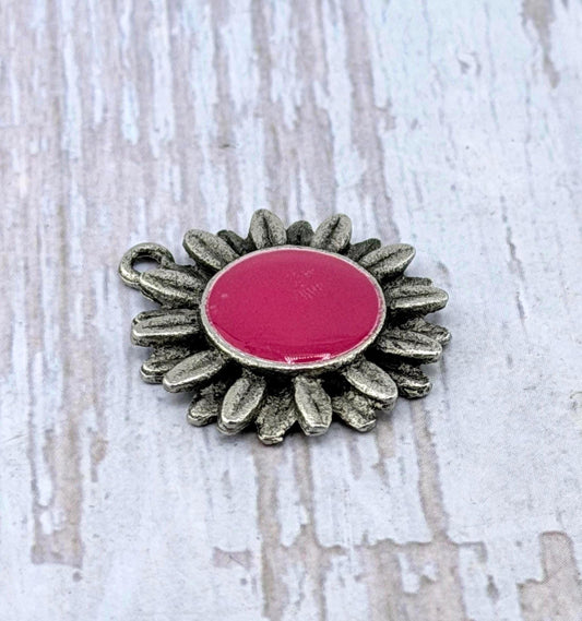 Pink Artisan Flower Charm, Antiqued Pewter - PT647