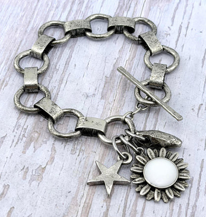 Large White Artisan Flower Charm, Antiqued Pewter - PT649