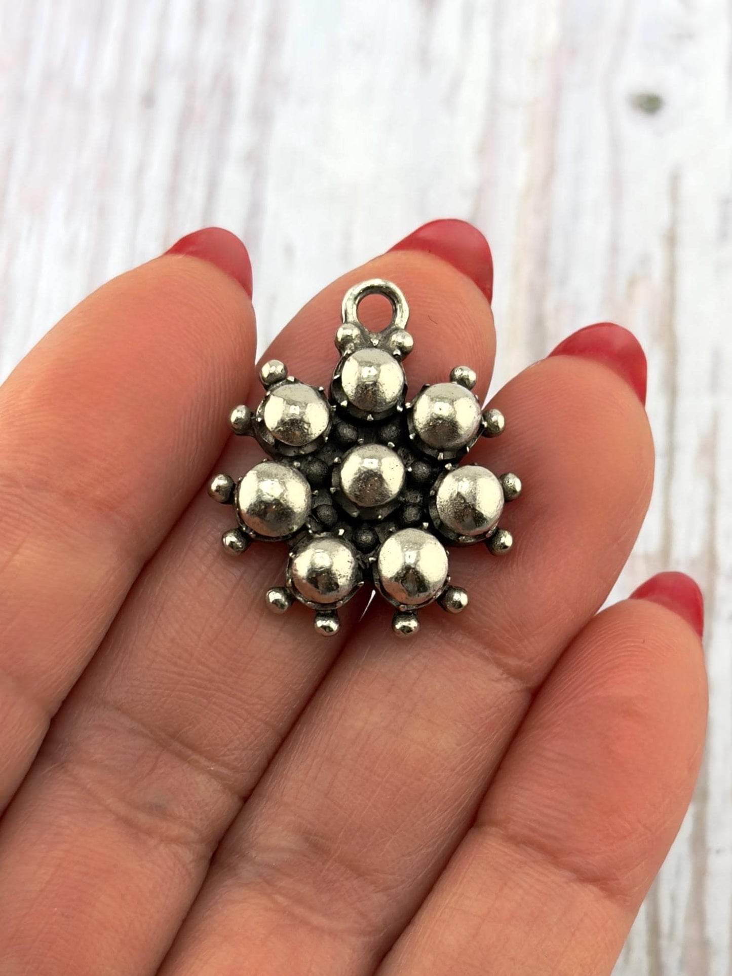 Beaded Flower Charm, Antiqued Pewter - PT676