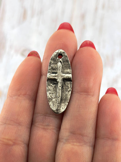 Oval Cross Embossed Charm, Antiqued Pewter - PT487