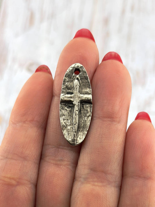 Oval Cross Embossed Charm, Antiqued Pewter - PT487