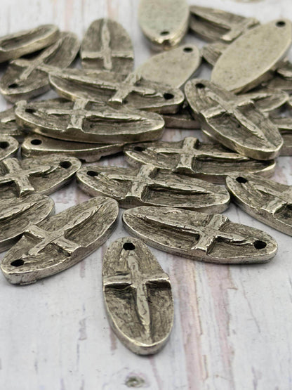 Oval Cross Embossed Charm, Antiqued Pewter - PT487