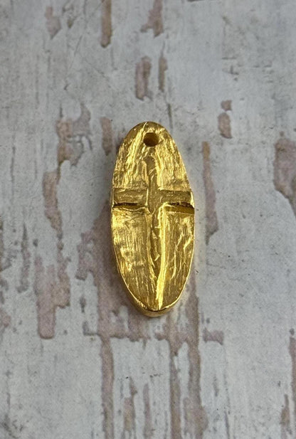 Oval Embossed Cross Charm, Satin 18k Gold Plated - ST307