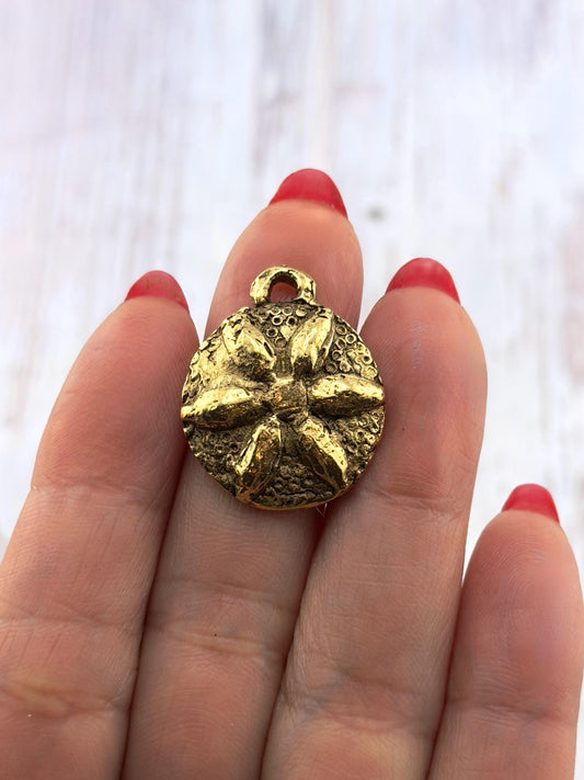 Rustic Round Flower Pendant, Antiqued 18k Gold Plated - AG129