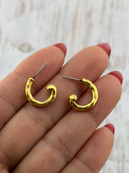 Mini Hammered Half Hoop Earrings, Antiqued 18k Gold Plated - AG593