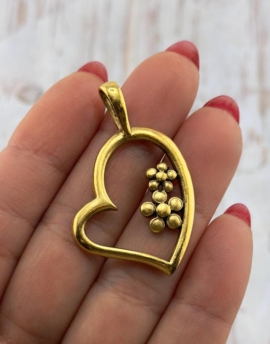 Open Heart with Flowers Pendant, Antiqued 18k Gold Plated - AG643