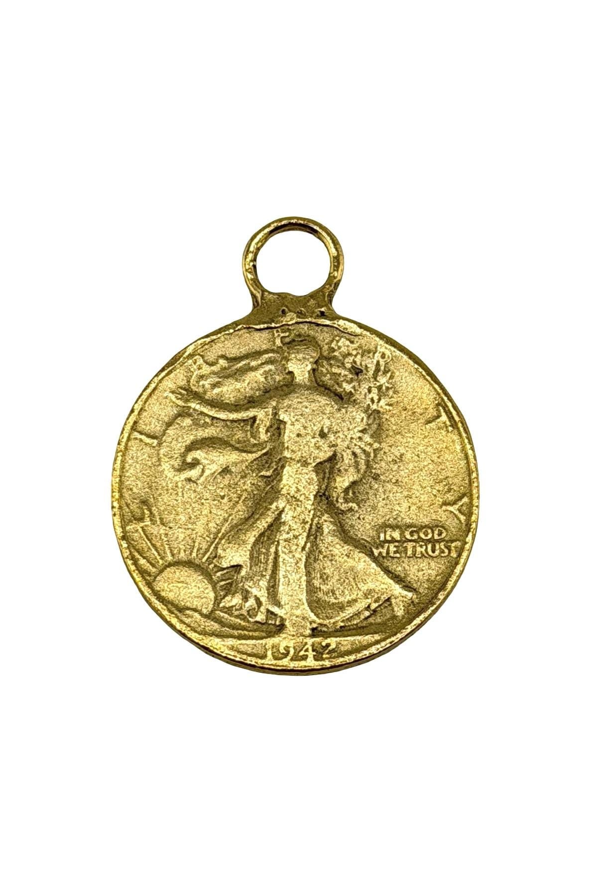 Walking Liberty Half Dollar Replica Charm, Antiqued 18k Gold Plated - AG059