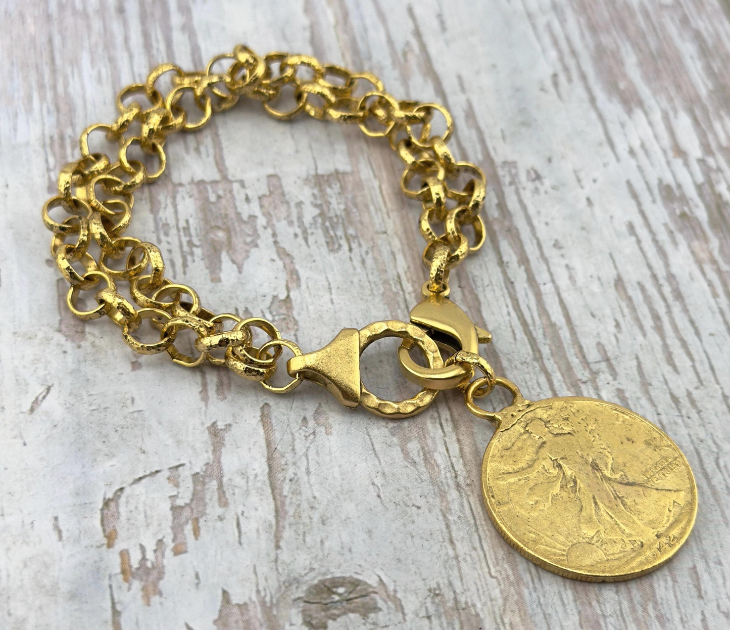 Chaîne Rolo ronde martelée, plaquée or 18 carats vieilli - G091-CH