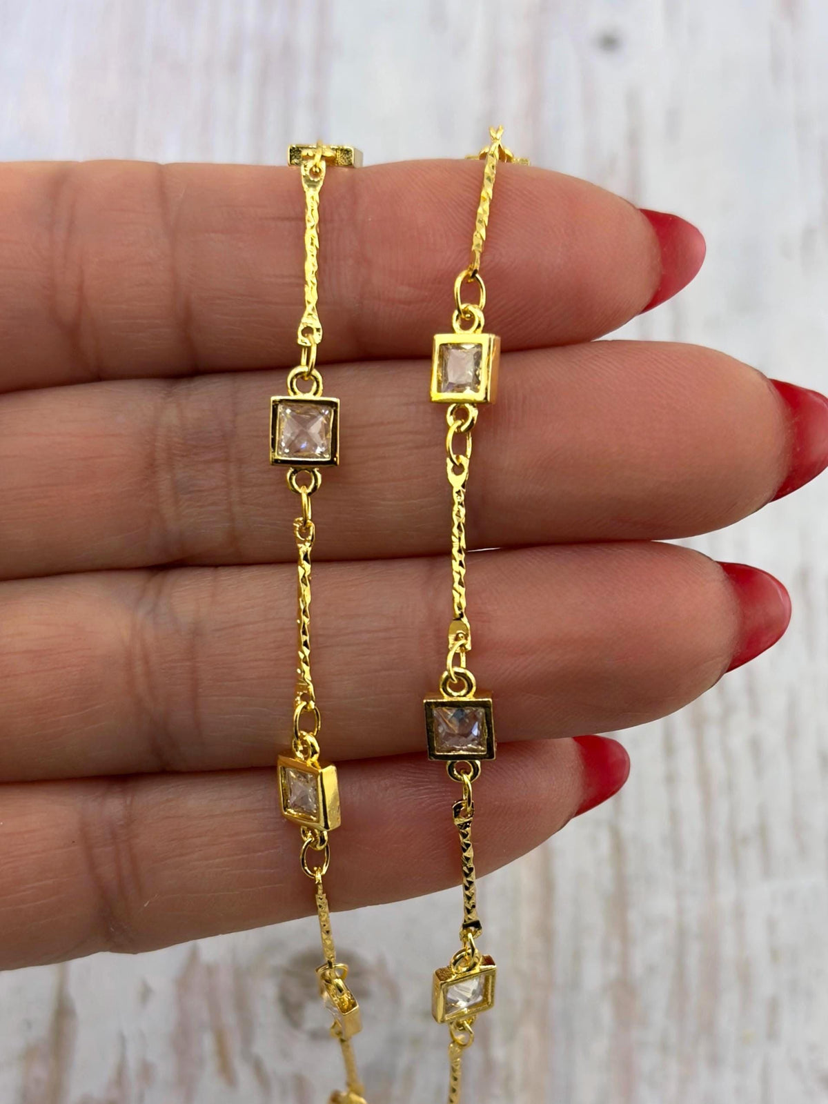 Square Links Cubic Zirconia Chain, Shiny 18k Gold Plated