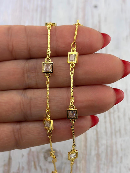 Square Links Cubic Zirconia Chain, Shiny 18k Gold Plated