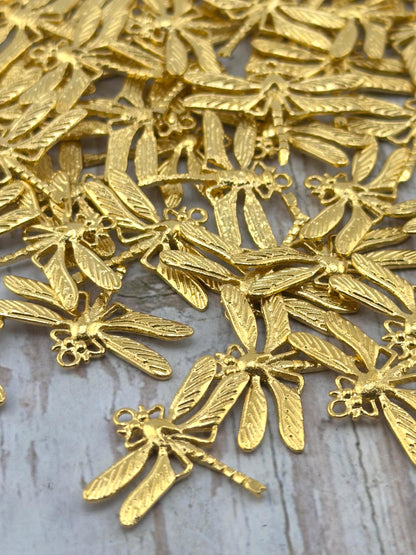2-Dragonfly Charms, Satin Gold Plated Small Pendants Insects Wholesale Findings, ST687