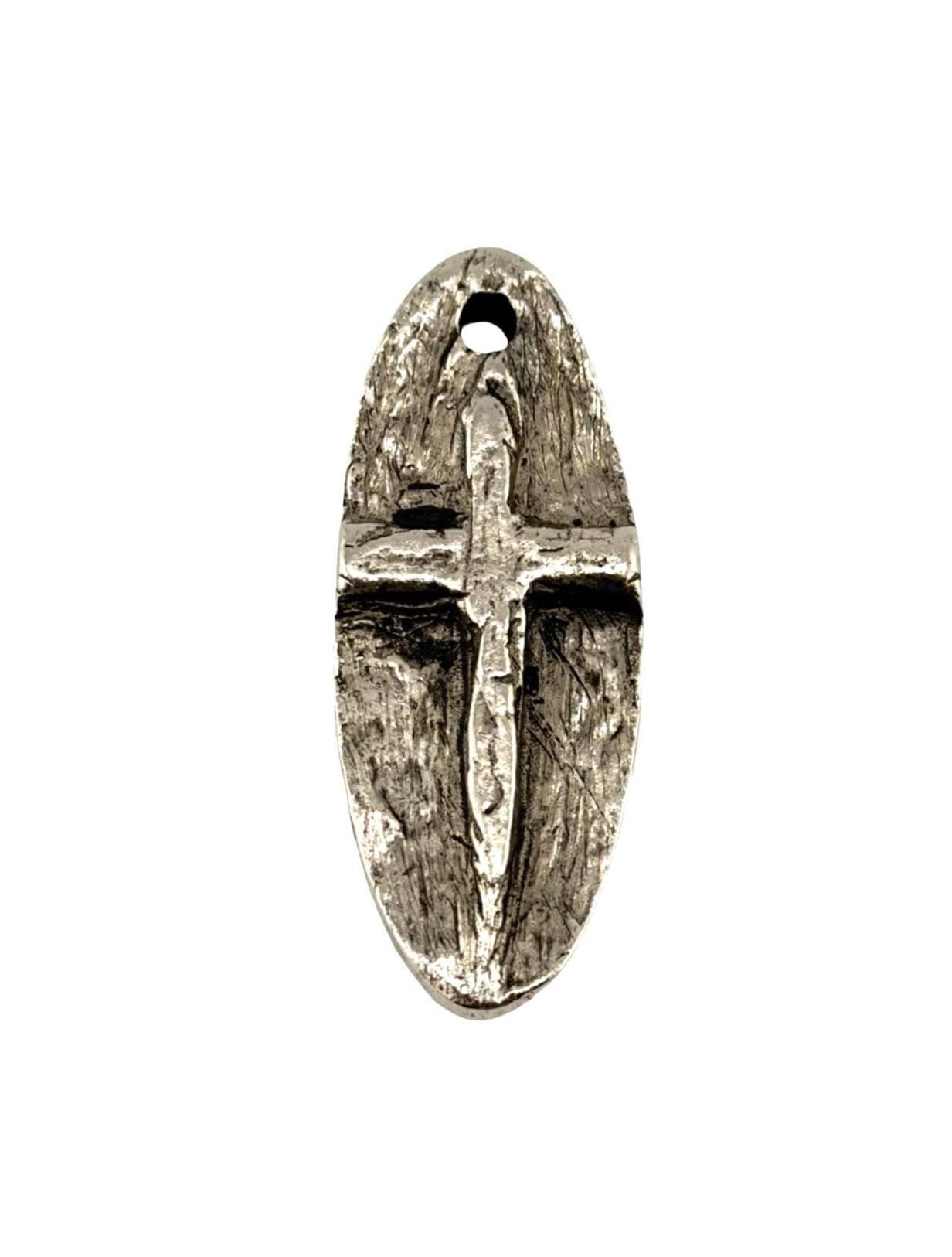 Oval Cross Embossed Charm, Antiqued Pewter - PT487