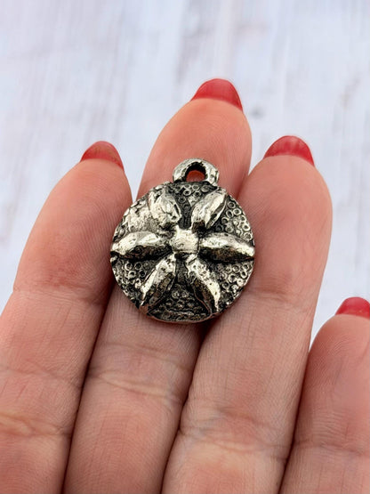 Rustic Round Flower Pendant, Antiqued Pewter - PT489