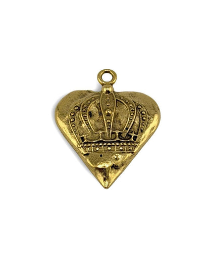 Pendentif Cœur et Couronne d'Inspiration Vintage, Plaqué Or 18 carats Vieilli - AG055
