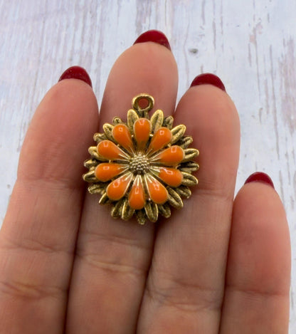 Sunset Orange Flower Charm, Antiqued 18k Gold Plated - AG576