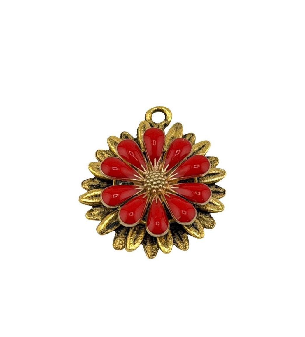 Cherry Red Enamel Flower Charm, Antiqued Gold Plated - AG575