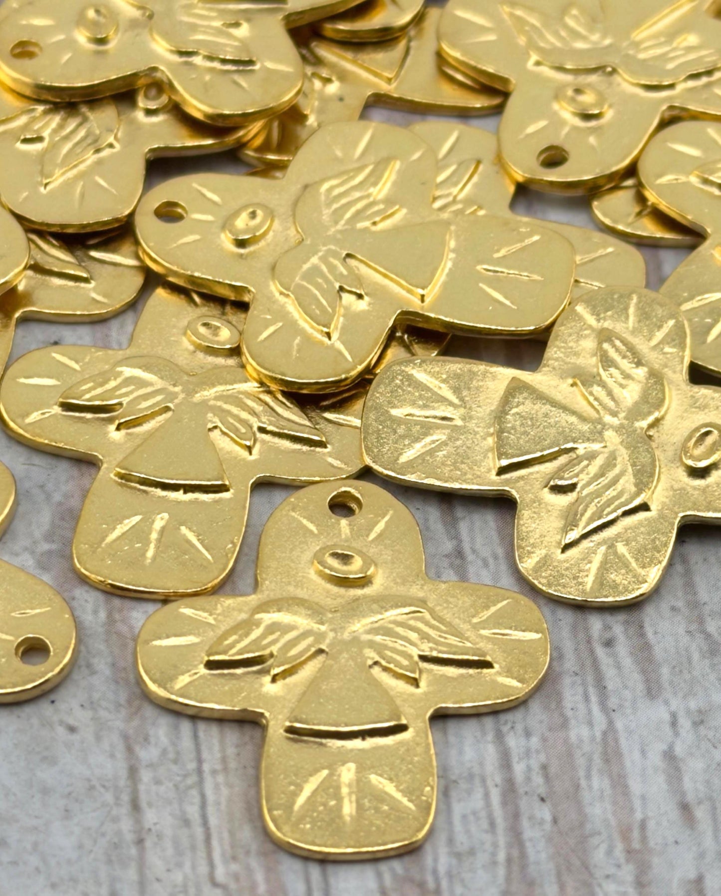 Distressed Cross Angel Charm, Satin 18k Gold Plated - ST256