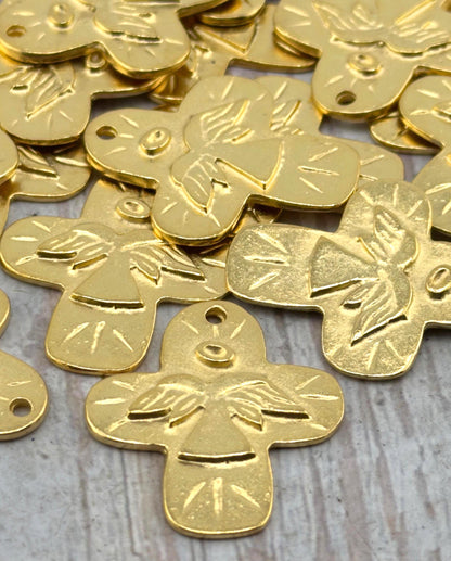 Distressed Cross Angel Charm, Satin 18k Gold Plated - ST256