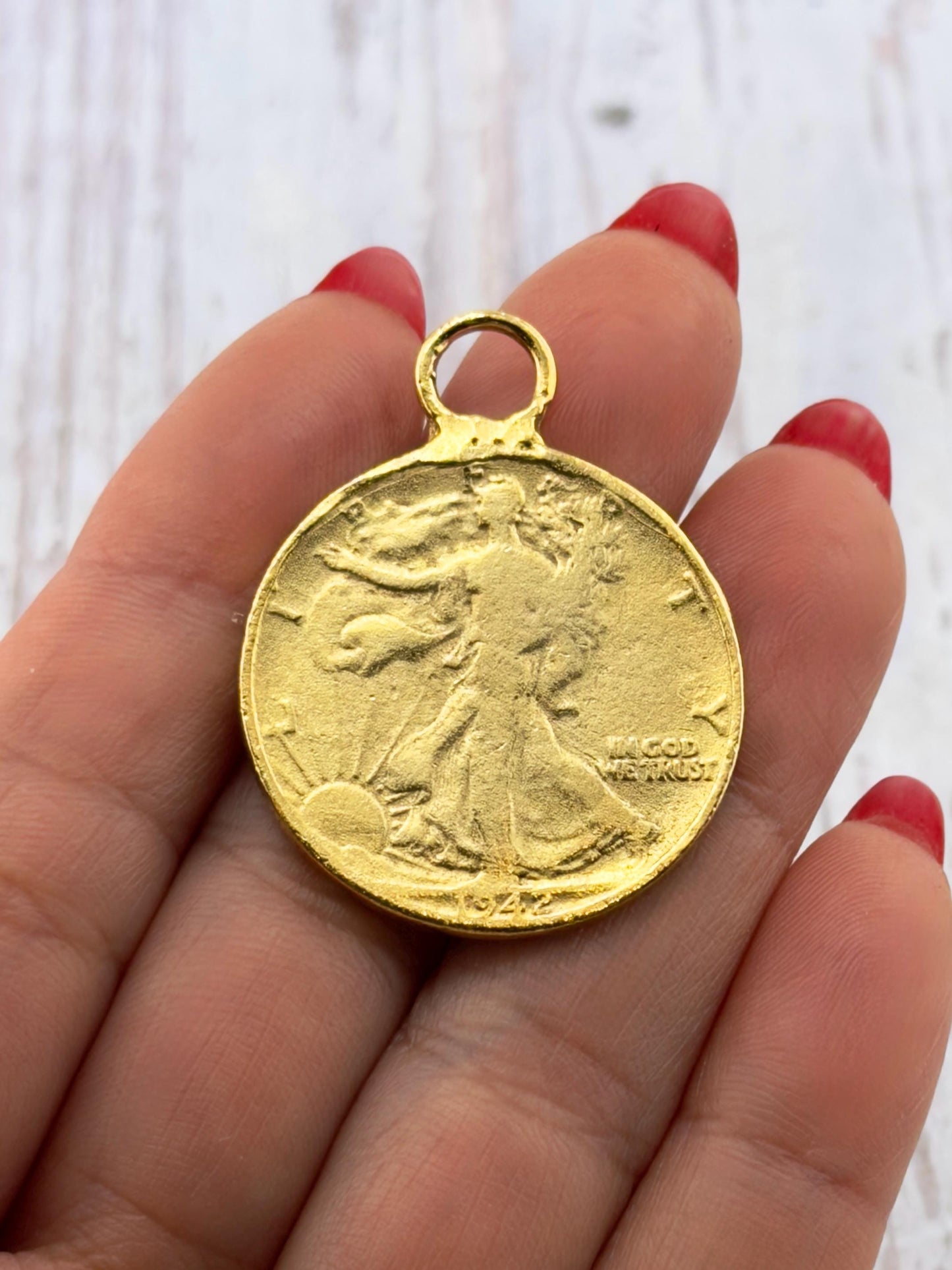 Walking Liberty Half Dollar Replica Charm, Antiqued 18k Gold Plated - AG059