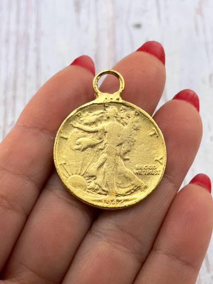 Walking Liberty Half Dollar Replica Charm, Antiqued 18k Gold Plated - AG059