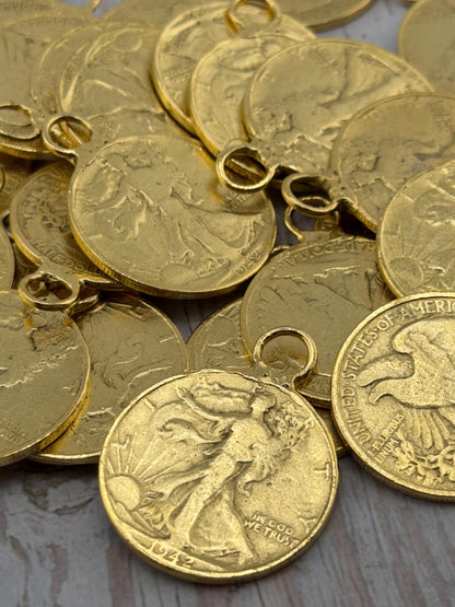 Walking Liberty Half Dollar Replica Charm, Antiqued 18k Gold Plated - AG059