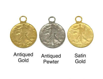 Walking Liberty Half Dollar Replica Charm, Antiqued 18k Gold Plated - AG059