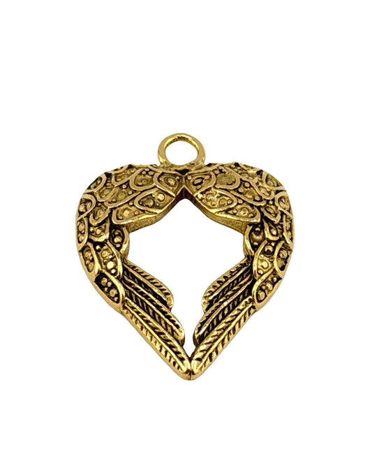 Angel Wing Heart Charm, Antiqued 18k Gold Plated - AG057