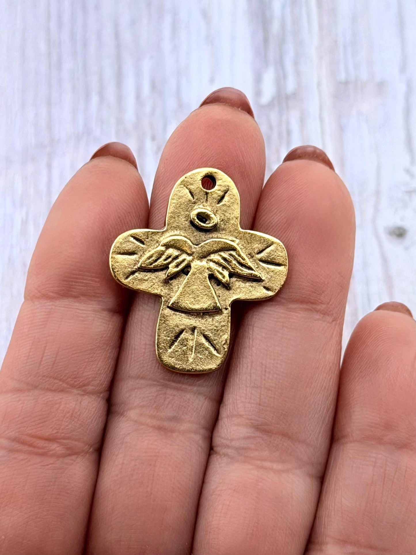 Distressed Angel Cross Charm, Antiqued 18k Gold Plated - AG076