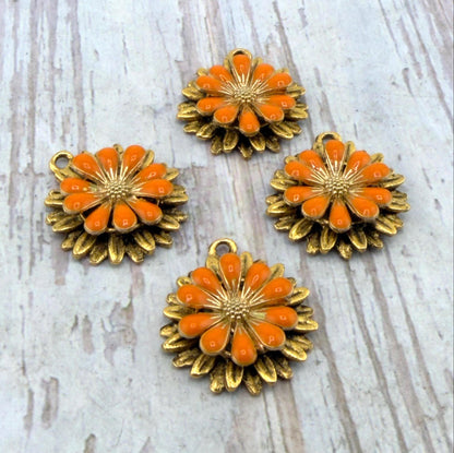 Sunset Orange Flower Charm, Antiqued 18k Gold Plated - AG576