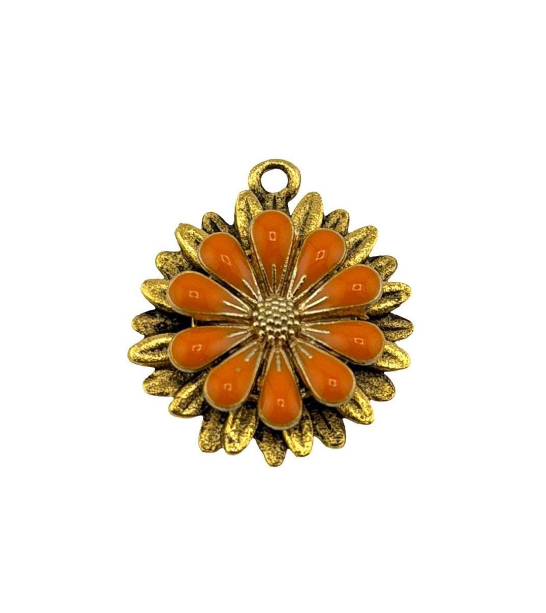 Sunset Orange Flower Charm, Antiqued 18k Gold Plated - AG576