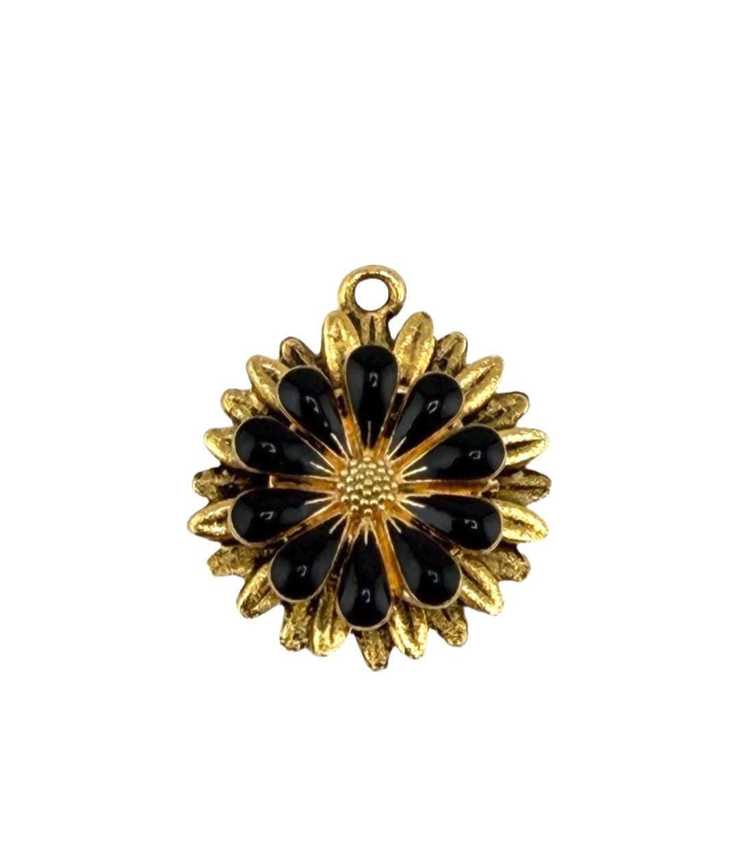 Ink Black Flower Charm, Antiqued 18k Gold Plated - AG571