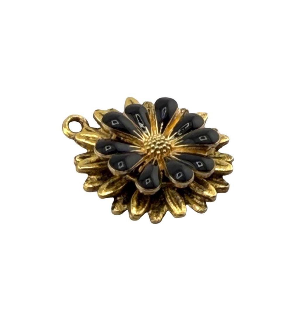 Ink Black Flower Charm, Antiqued 18k Gold Plated - AG571