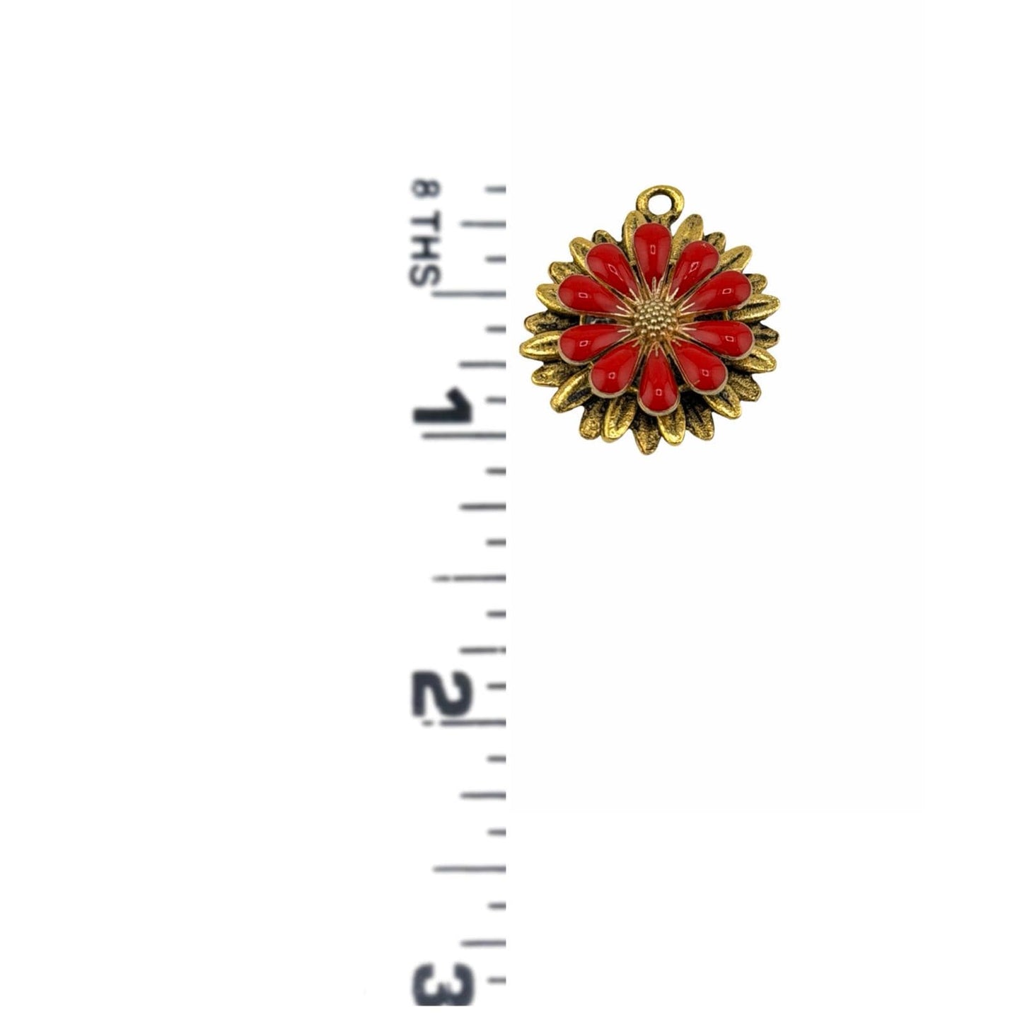Cherry Red Enamel Flower Charm, Antiqued Gold Plated - AG575